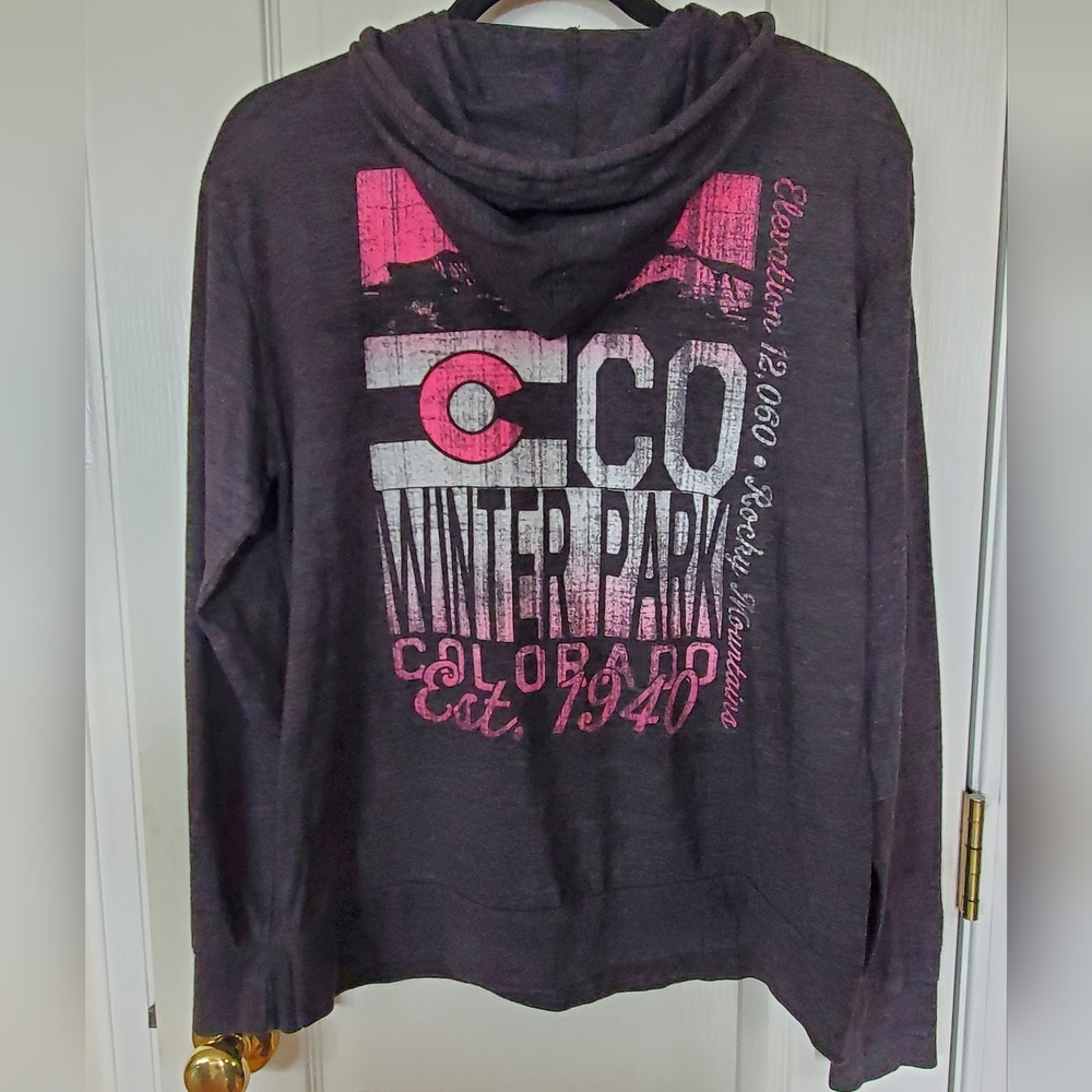 Blue 84, Winter Park, Colorado Charcoal Hoodie with Pink Accents .       Sz M